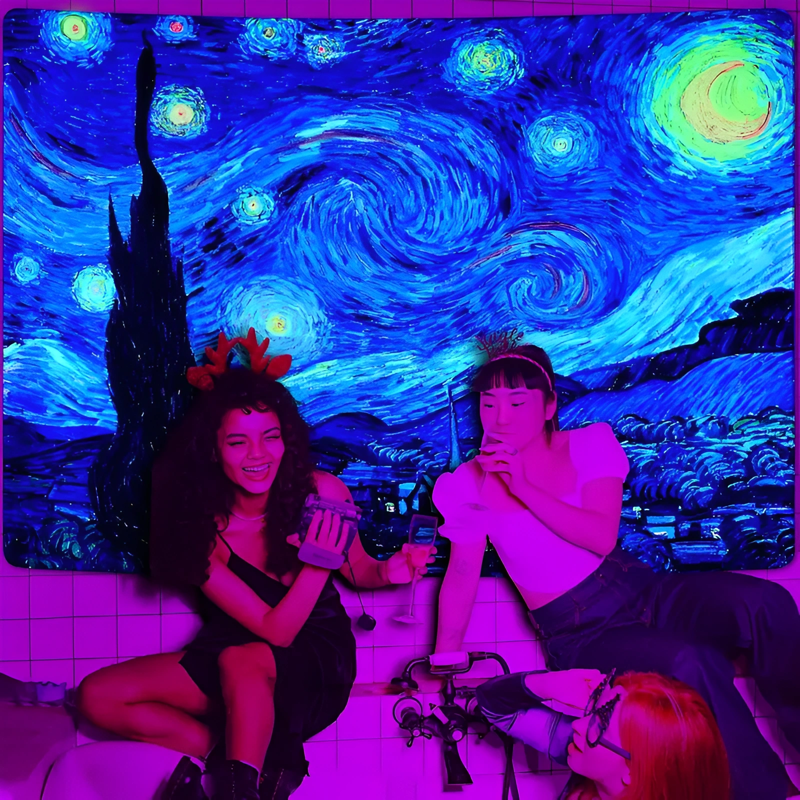 Blacklight Starry Night Tapestry Vincent Van Gogh Tapestry UV Reactive Oil Painting Blacklight Starry Dark Night Glow Themed Wall Art Tapestry - Image 4