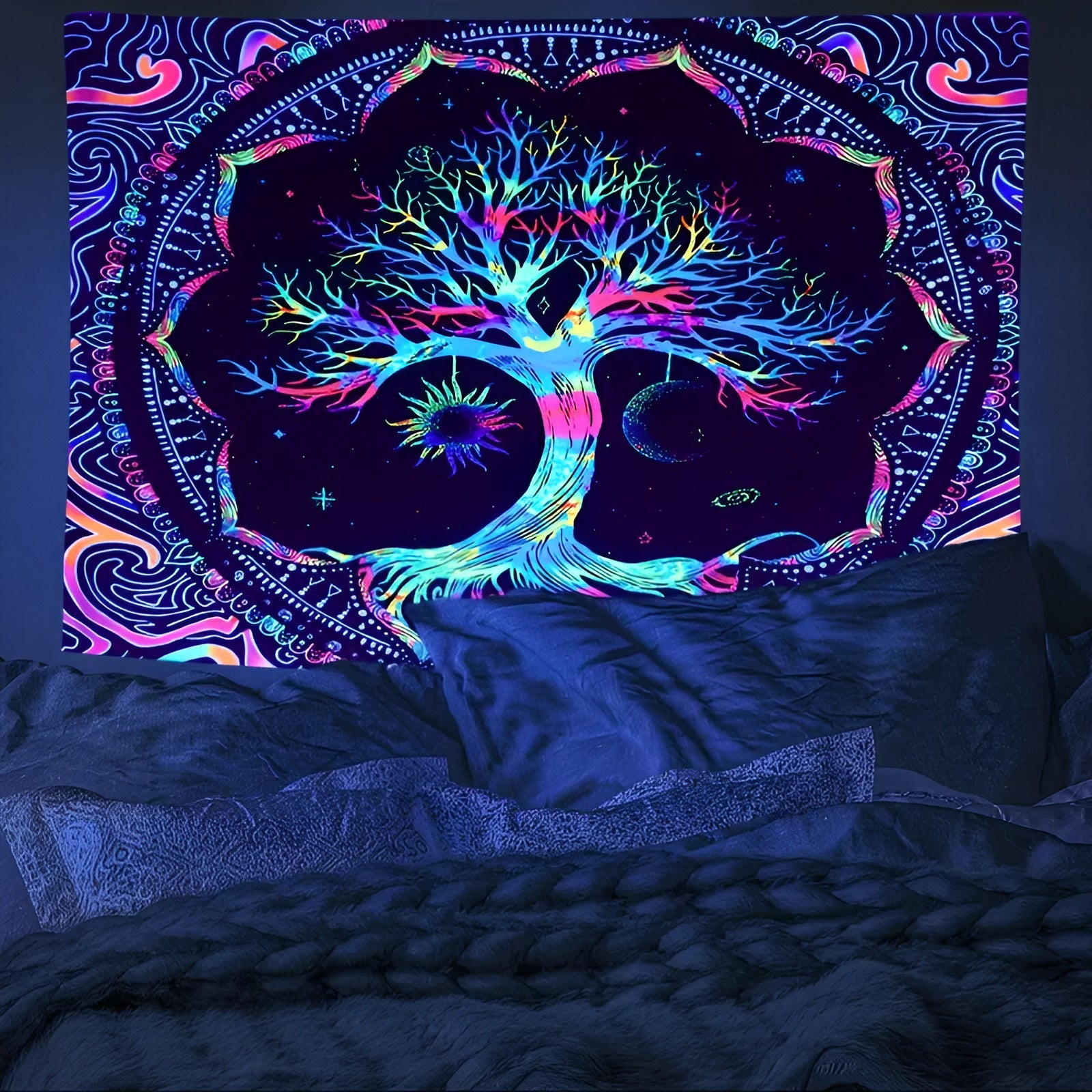 UV Reactive Tree Of Life Wall Tapestry With Psychedelic Design