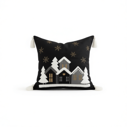 Embroidered Snowflake And Christmas House Cushion Cover