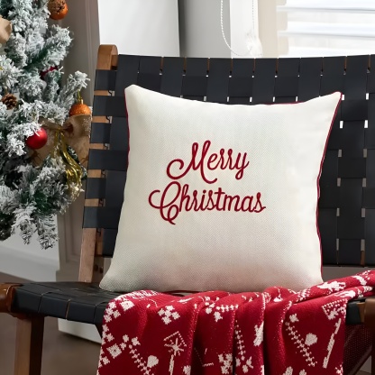 Holiday Embroidered Cushion Cover With Snowflake And Merry Christmas Design