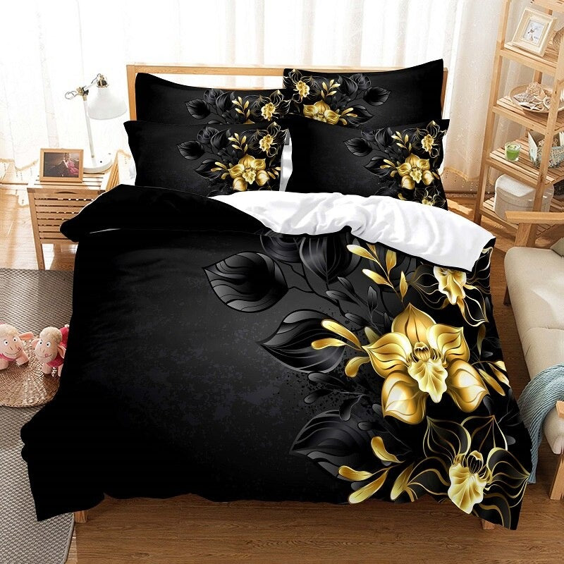 Black Printing Bed Cover Set