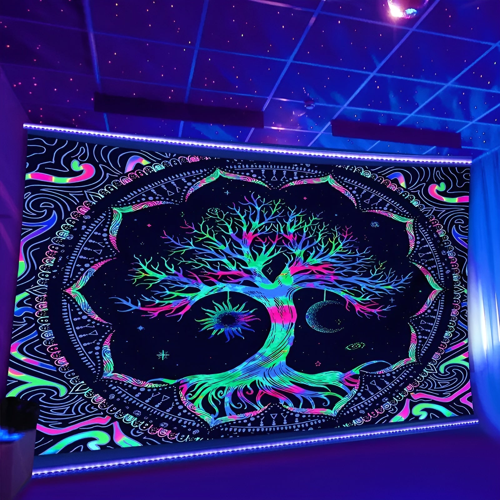 UV Reactive Tree Of Life Wall Tapestry With Psychedelic Design