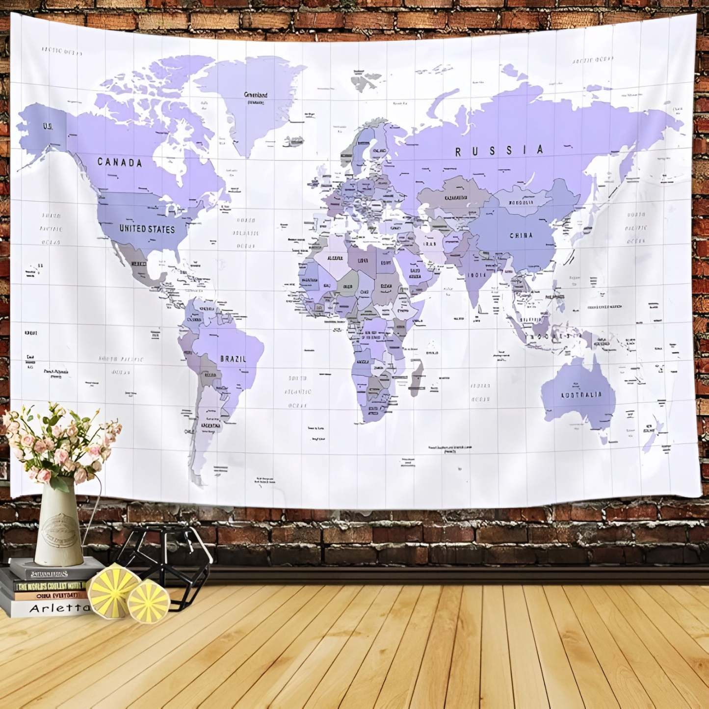 Wall Tapestry With Detailed World Map And Country Names For Home Or Classroom