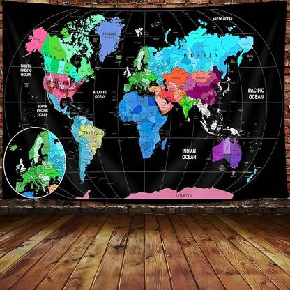 Wall Tapestry With Detailed World Map And Country Names For Home Or Classroom