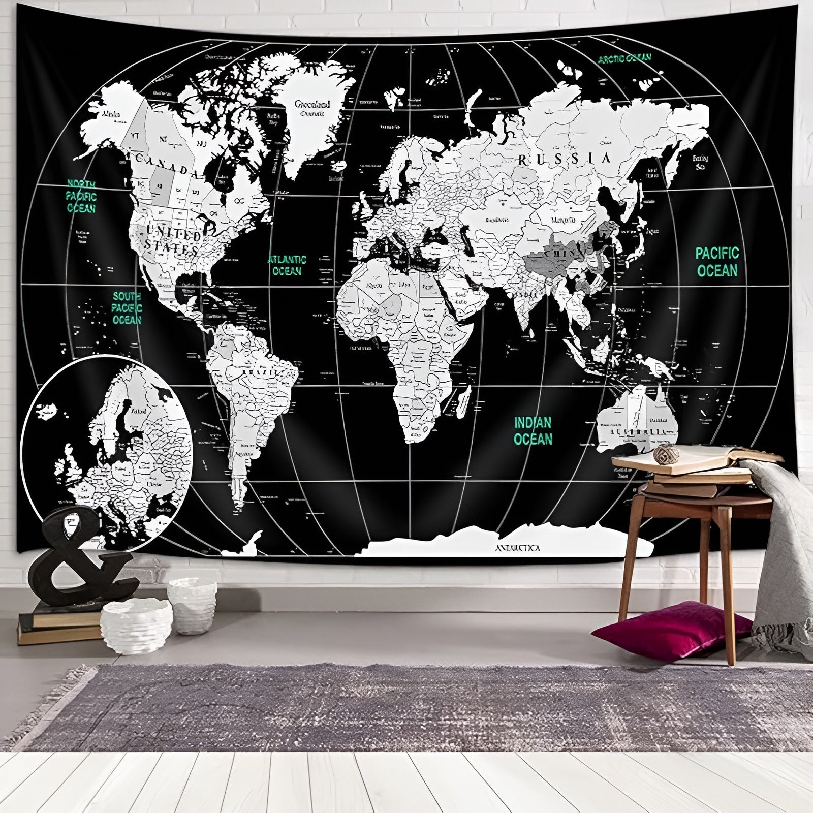 Wall Tapestry With Detailed World Map And Country Names For Home Or Classroom