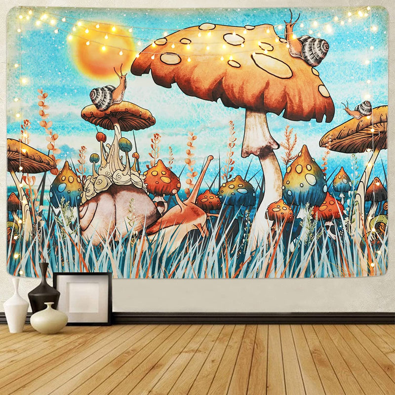 Trippy Mushroom Tapestry Hippie Sun Tapestry Snail Tapestry Plants and Leaves Tapestries Fantasy Fairy Tale Tapestry Wall Hanging for Room