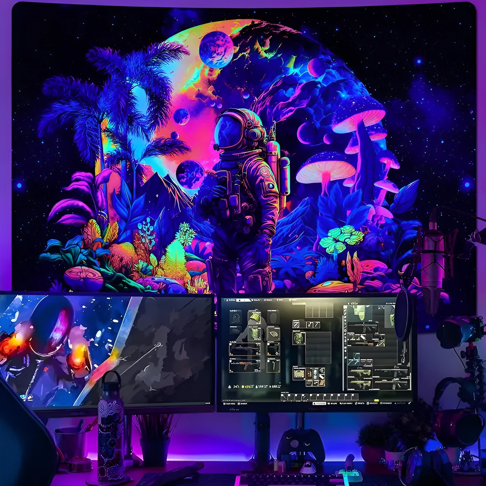 Blacklight Space Astronaut Tapestry for Men Space Astronaut Themed Mushroom Design Tapestry With UV Glow - Image 5