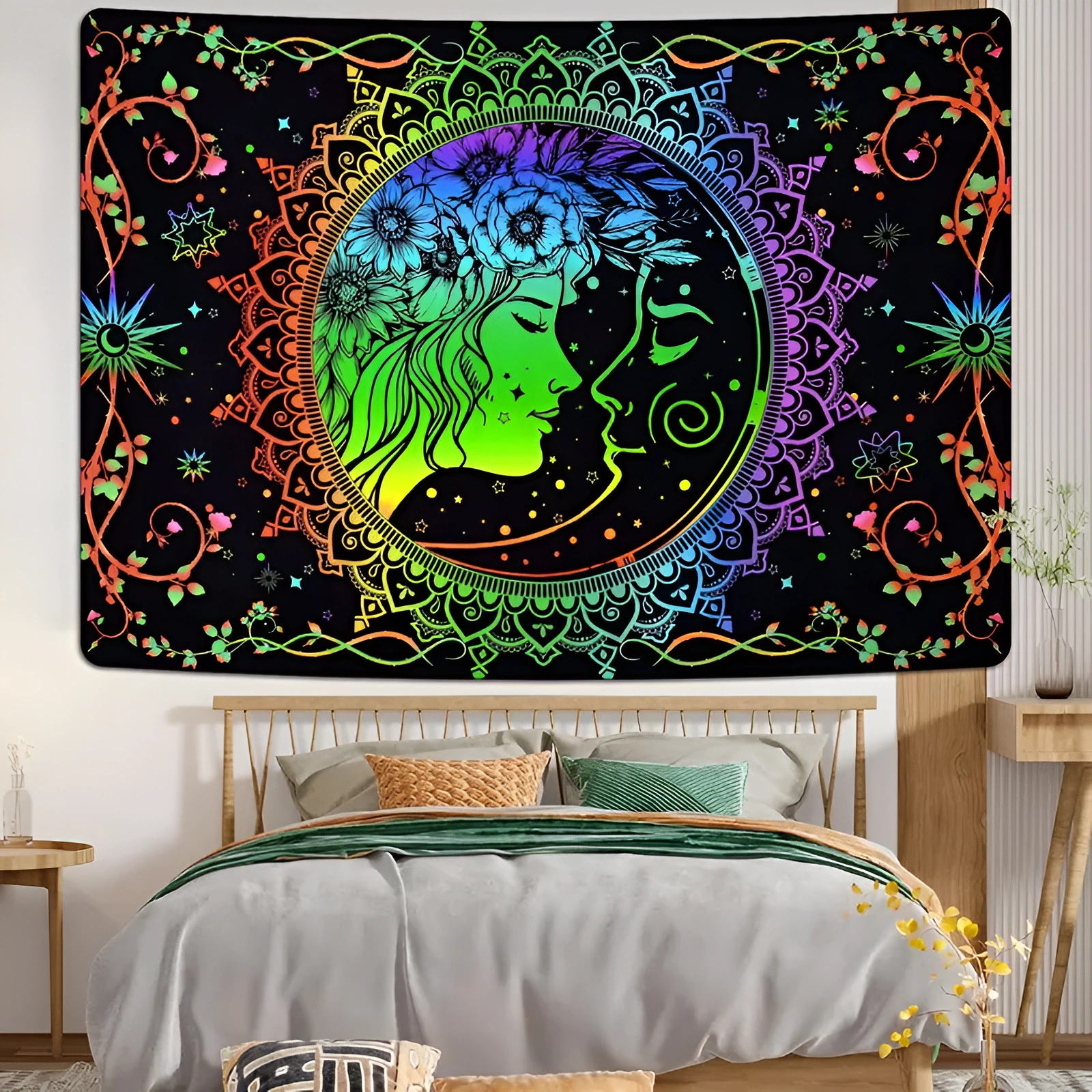 Blacklight Boho Tapestry Trippy Colorful Tapestries UV Reactive Boho Themed Blacklight Tapestry For Decor - Image 4