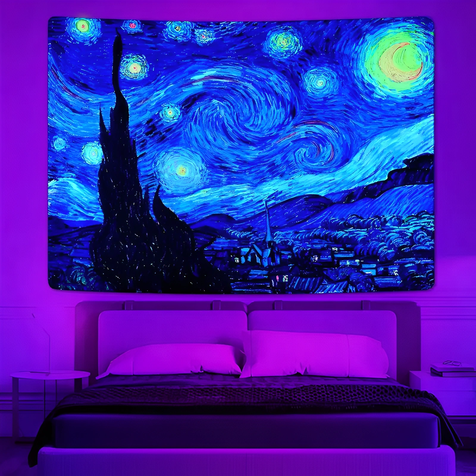 Blacklight Starry Night Tapestry Vincent Van Gogh Tapestry UV Reactive Oil Painting Blacklight Starry Dark Night Glow Themed Wall Art Tapestry - Image 5