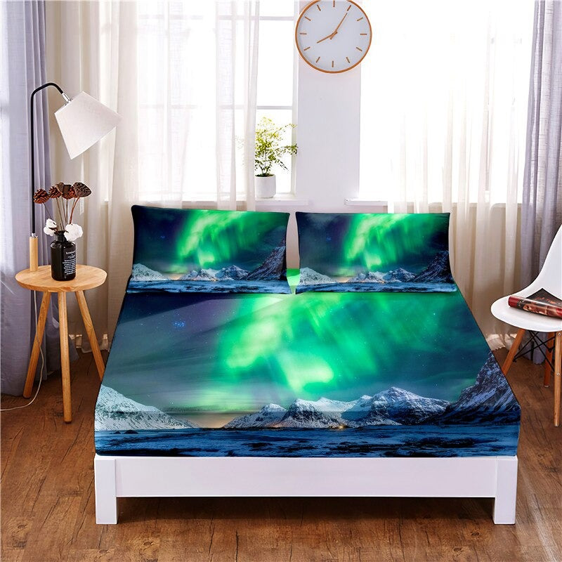 3 Pcs Beautiful Aurora Digital Printed Polyester Bedding Sheet Set