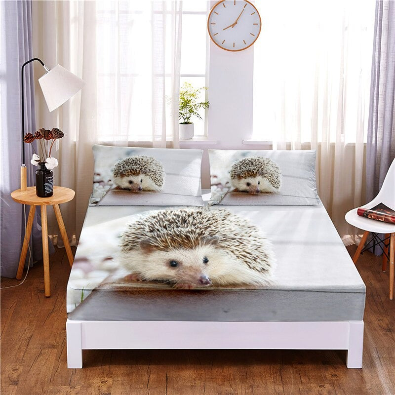 3 Pcs Hedgehog Digital Printed Polyester Fitted Bed Sheet Set