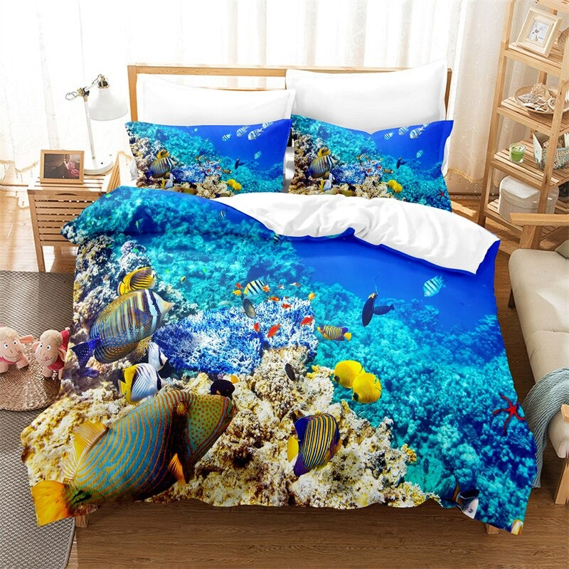 Blue Marine Print Duvet Cover Set