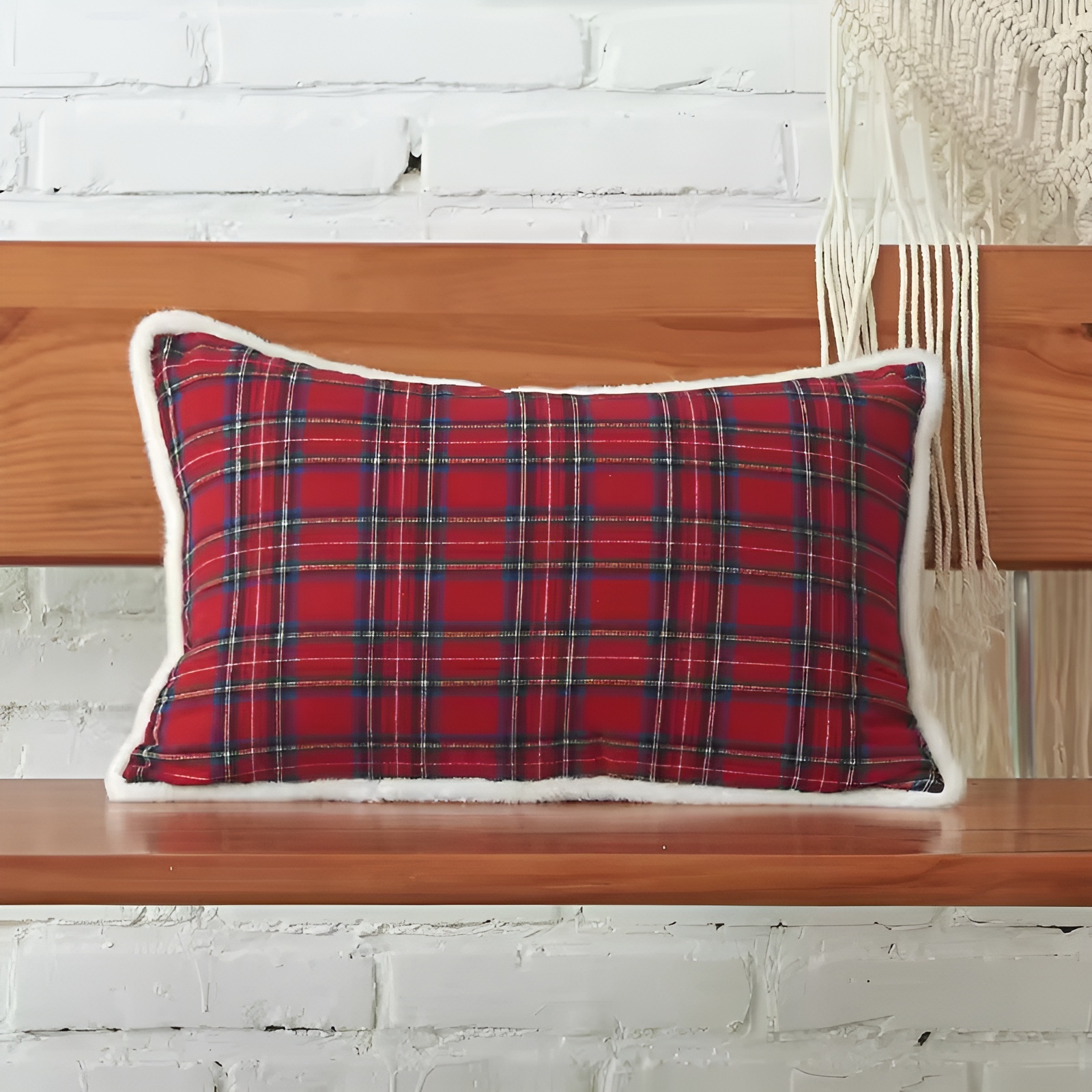 Christmas Themed Plaid Cushion Cover With Embroidered Snowflake Design