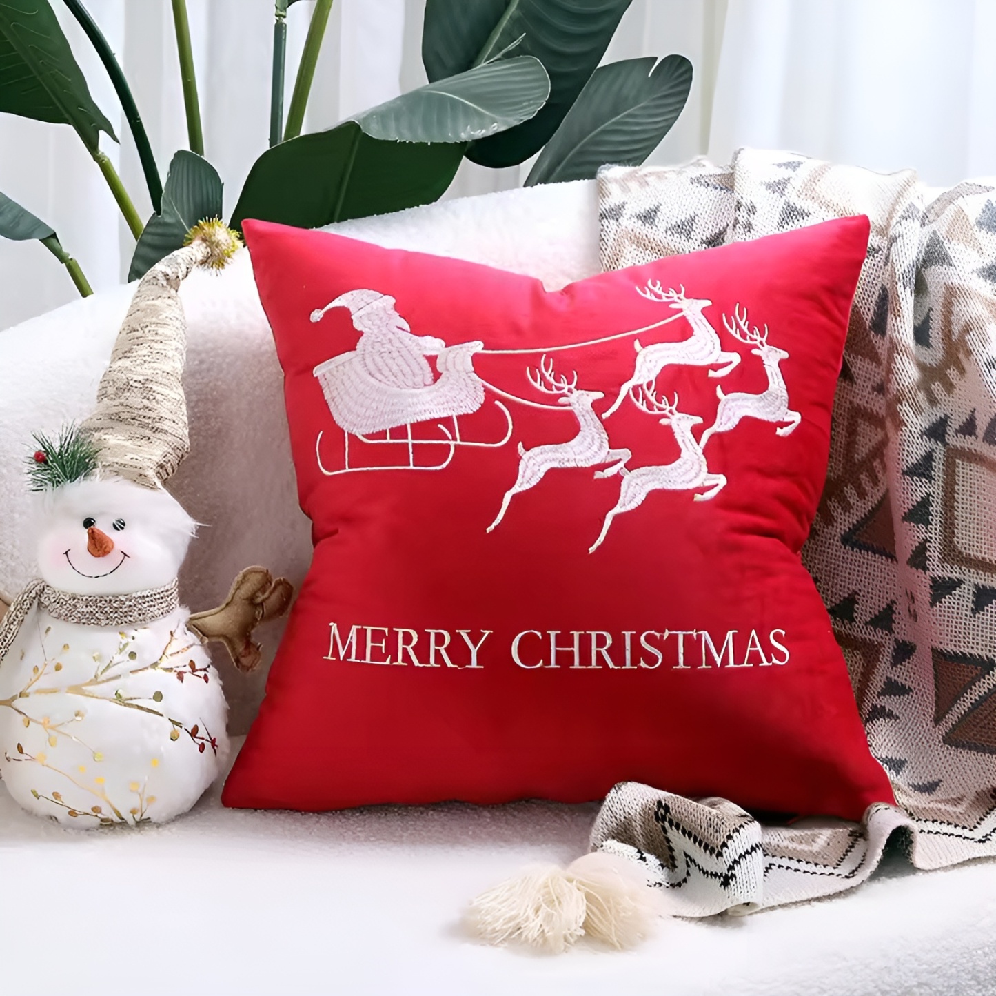 Holiday Embroidered Cushion Cover With Snowflake And Merry Christmas Design