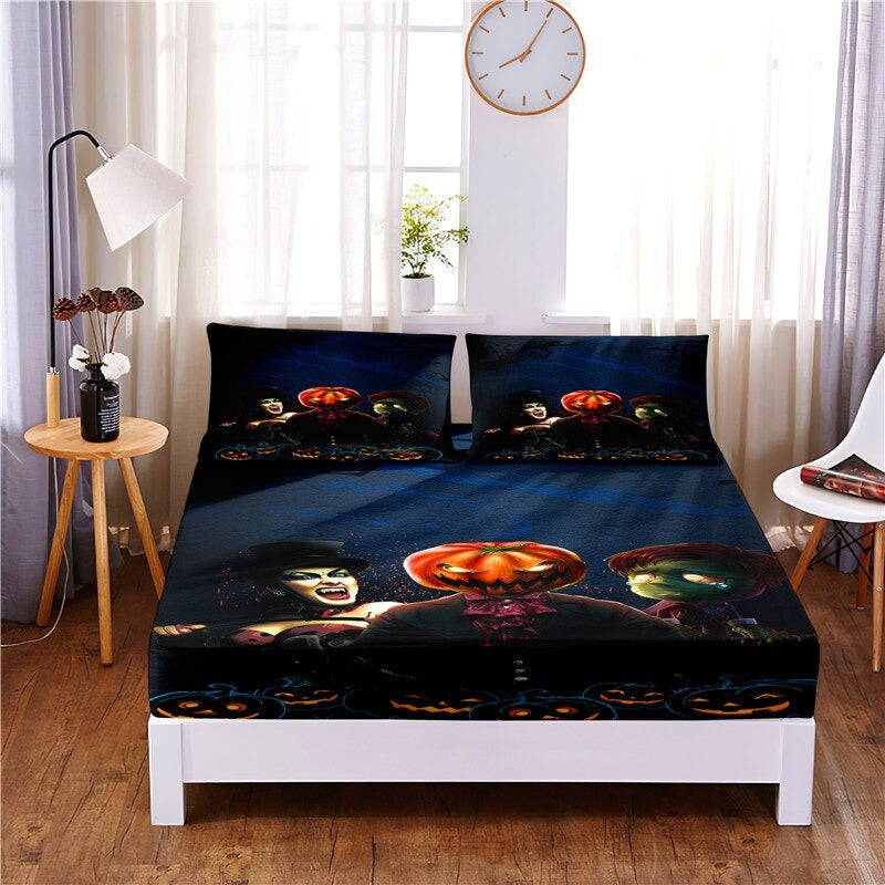 3 Pcs Halloween Digital Printed Polyester Fitted Bed Sheet Set