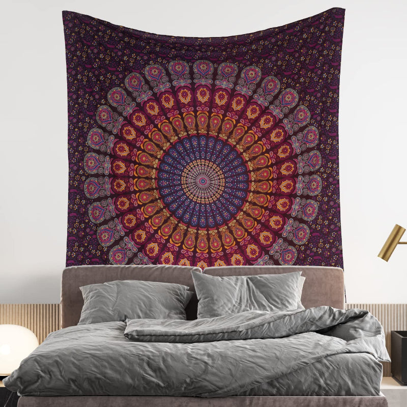 Indian Hippie Bohemian Psychedelic Golden Blue Peacock Mandala Wall hanging Bedding Tapestry - Golden Pink BlueIndian Hippie Bohemian Psychedelic Golden Blue Peacock Mandala Wall hanging Bedding Tapestry - Golden Pink Blue - Image 2