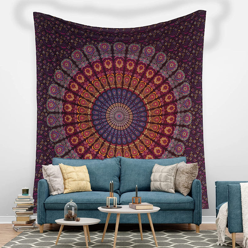 Indian Hippie Bohemian Psychedelic Golden Blue Peacock Mandala Wall hanging Bedding Tapestry - Golden Pink BlueIndian Hippie Bohemian Psychedelic Golden Blue Peacock Mandala Wall hanging Bedding Tapestry - Golden Pink Blue - Image 3