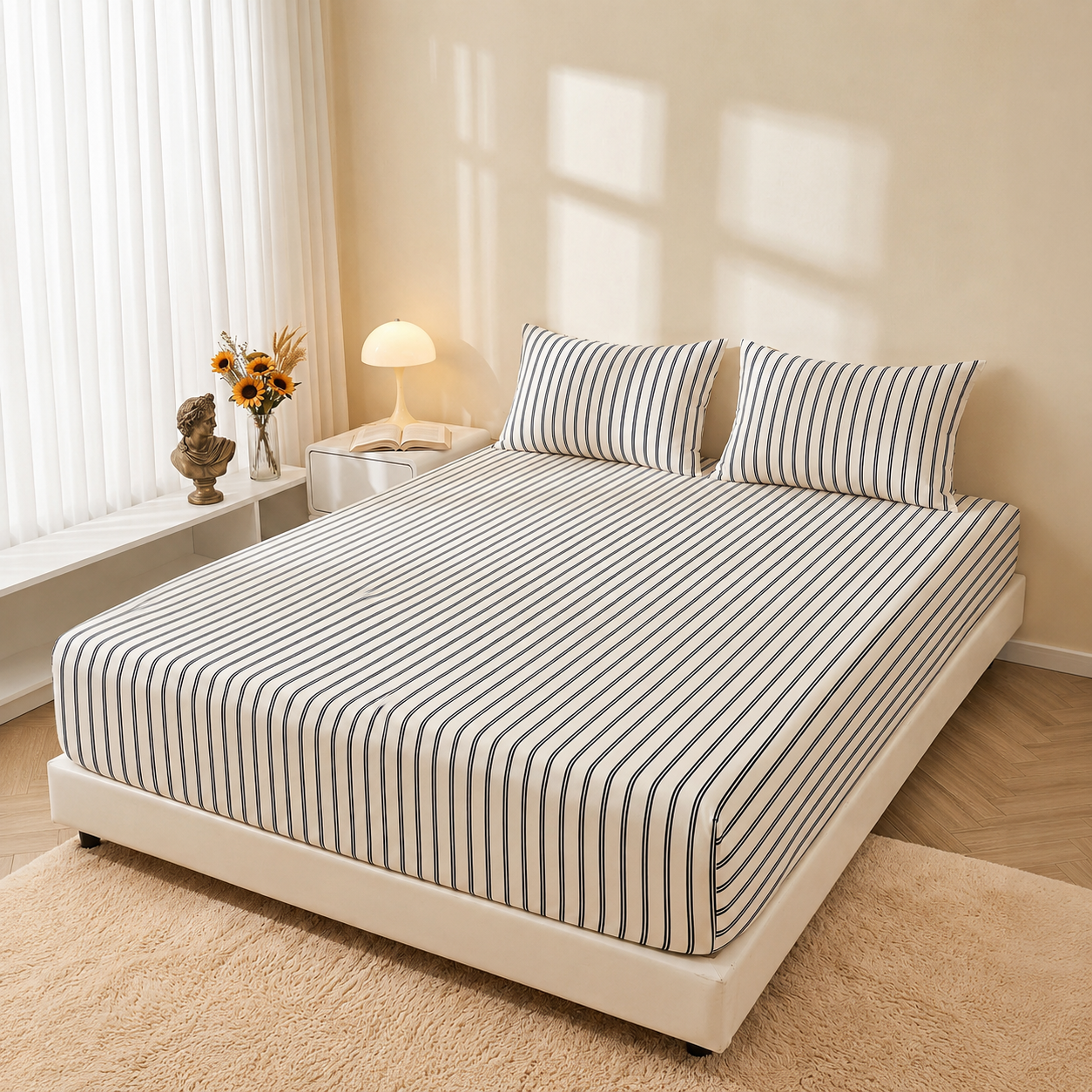 Soft Striped Fitted Sheet With Wrinkle Resistant Finish For Home And Dorm Bedding