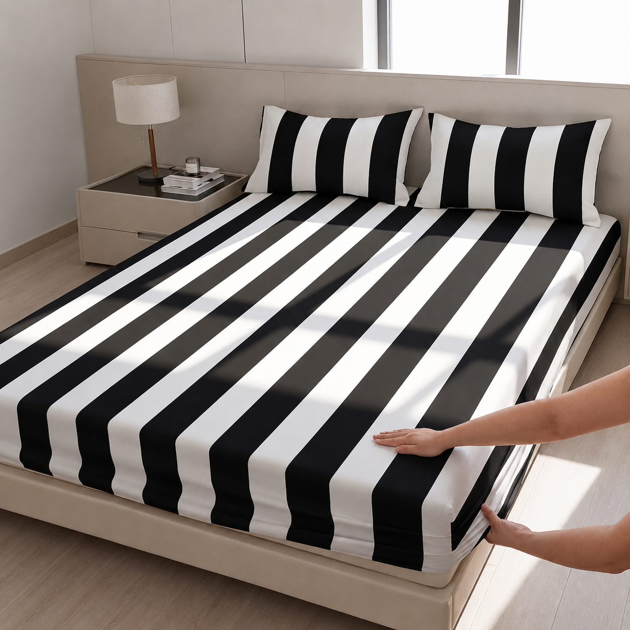 Soft Striped Fitted Sheet With Wrinkle Resistant Finish For Home And Dorm Bedding