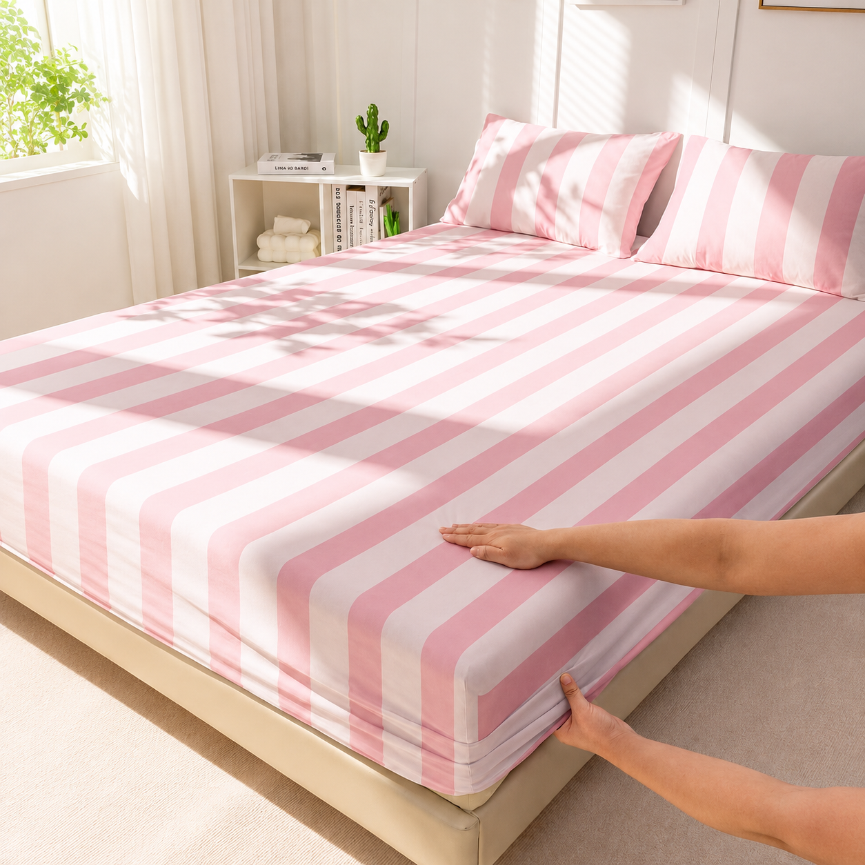 Soft Striped Fitted Sheet With Wrinkle Resistant Finish For Home And Dorm Bedding