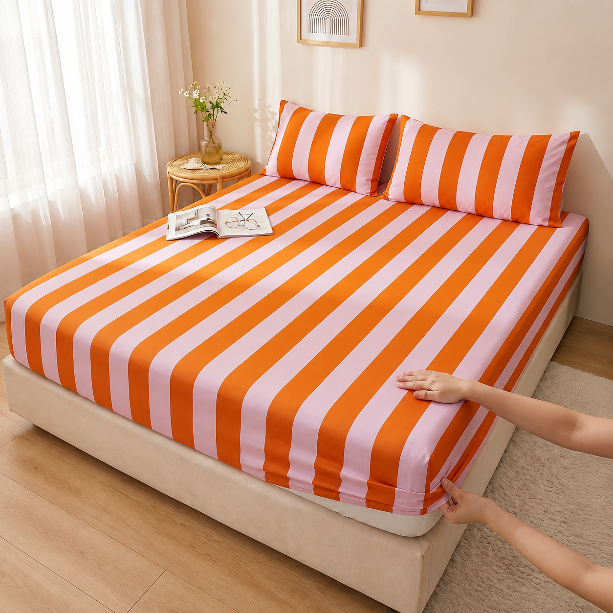 Soft Striped Fitted Sheet With Wrinkle Resistant Finish For Home And Dorm Bedding