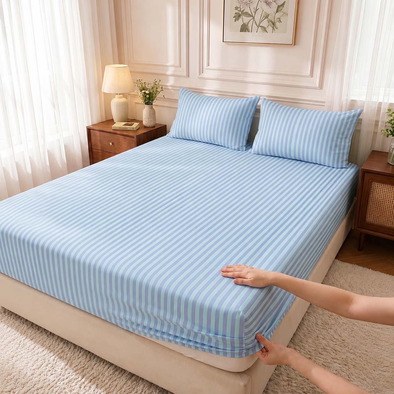 Soft Striped Fitted Sheet With Wrinkle Resistant Finish For Home And Dorm Bedding
