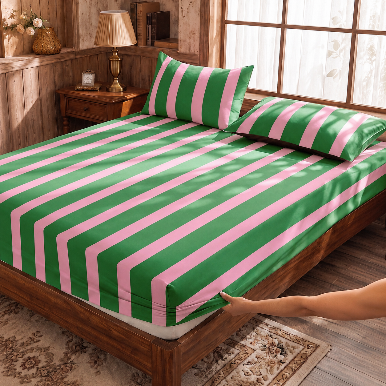 Soft Striped Fitted Sheet With Wrinkle Resistant Finish For Home And Dorm Bedding