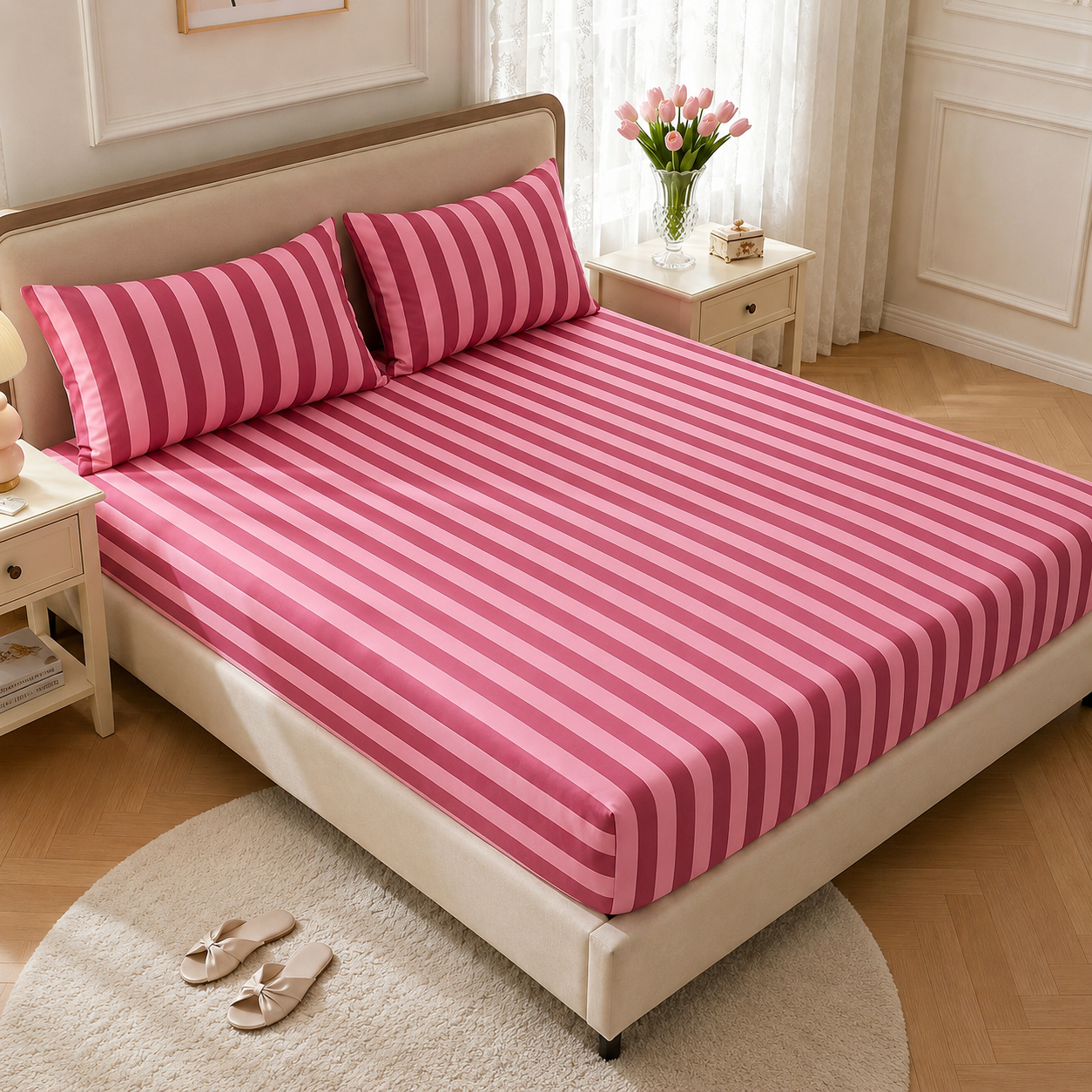 Soft Striped Fitted Sheet With Wrinkle Resistant Finish For Home And Dorm Bedding
