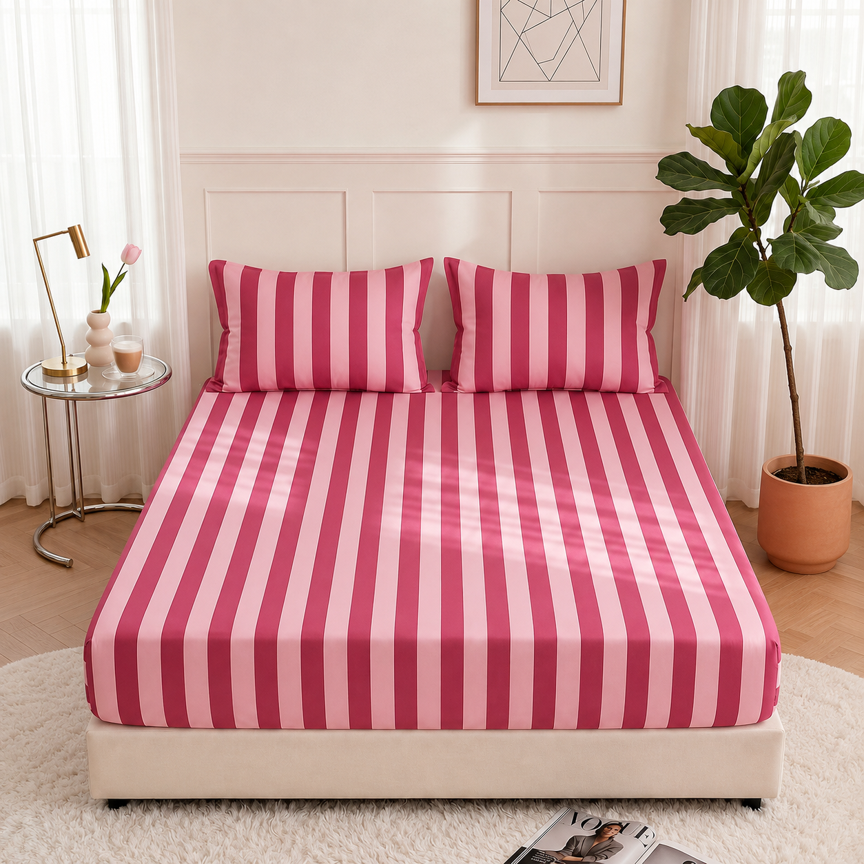 Soft Striped Fitted Sheet With Wrinkle Resistant Finish For Home And Dorm Bedding