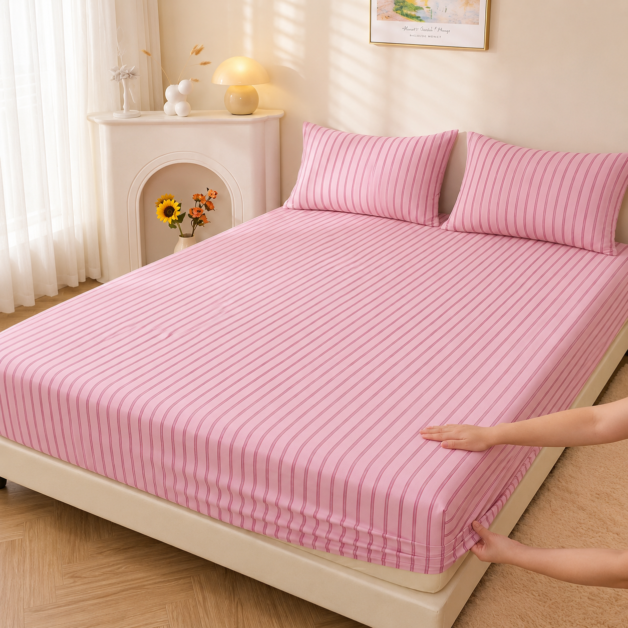 Soft Striped Fitted Sheet With Wrinkle Resistant Finish For Home And Dorm Bedding