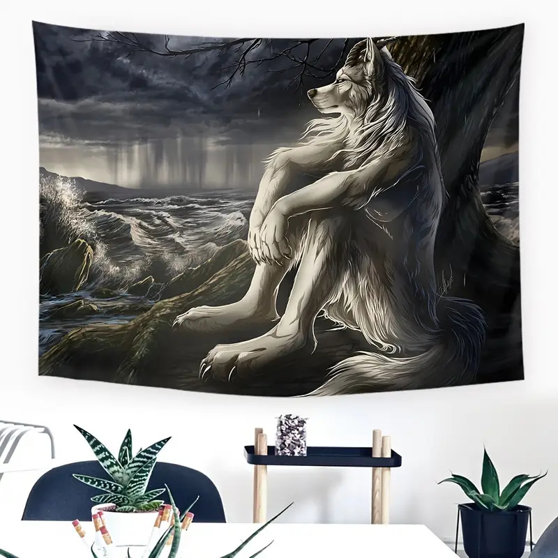 Dramatic Fantasy Wolf Design Wall Hanging Tapestry