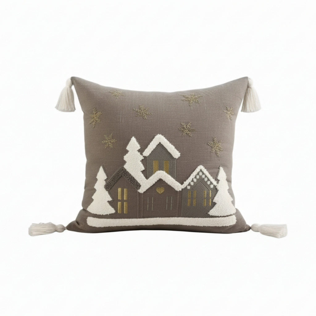 Embroidered Snowflake And Christmas House Cushion Cover