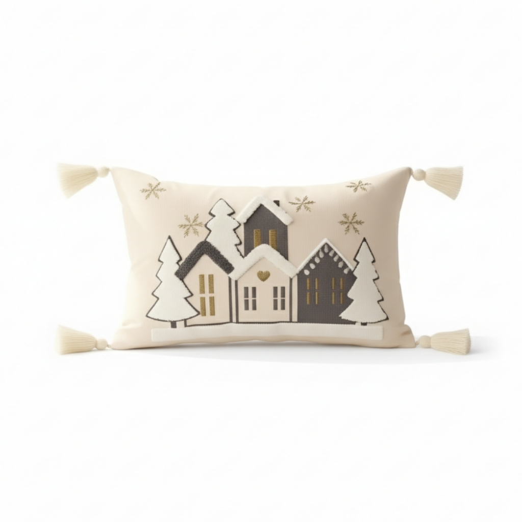 Embroidered Snowflake And Christmas House Cushion CoverEmbroidered Snowflake And Christmas House Cushion Cover - Image 5
