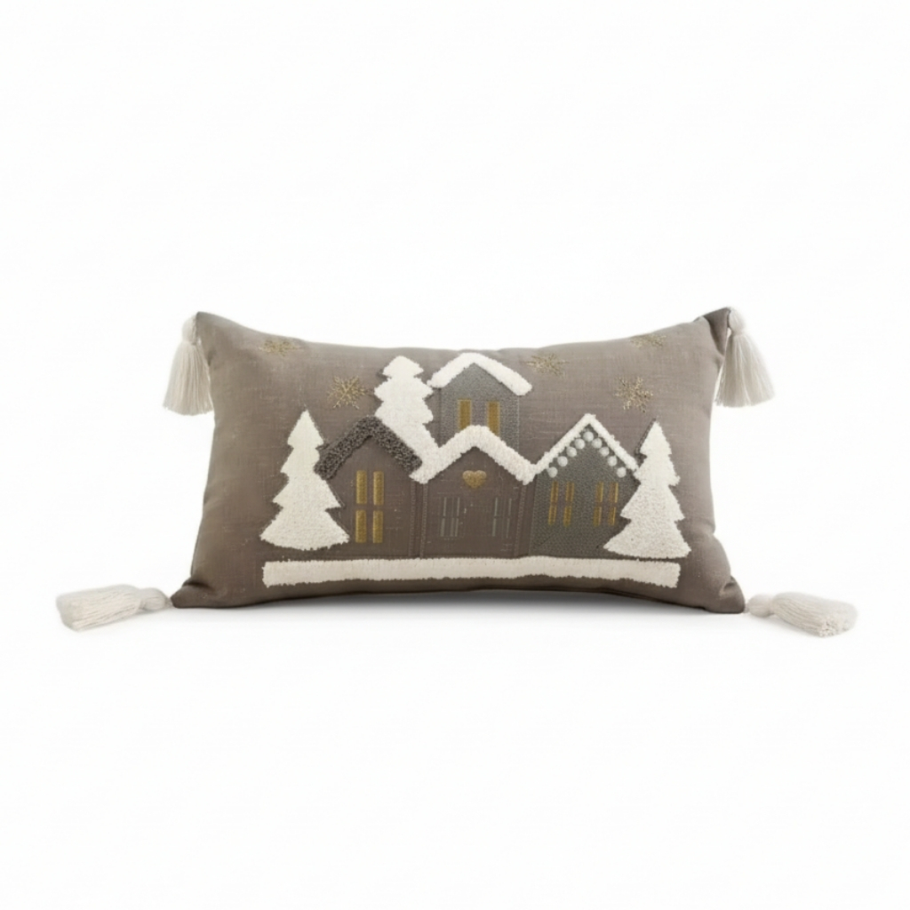 Embroidered Snowflake And Christmas House Cushion Cover