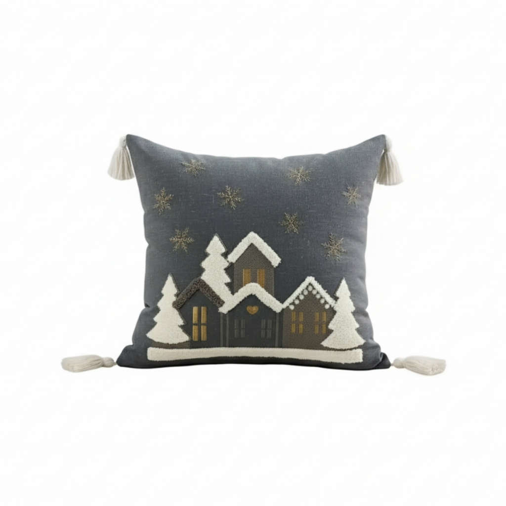 Embroidered Snowflake And Christmas House Cushion Cover