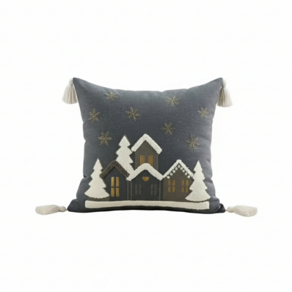 Embroidered Snowflake And Christmas House Cushion Cover