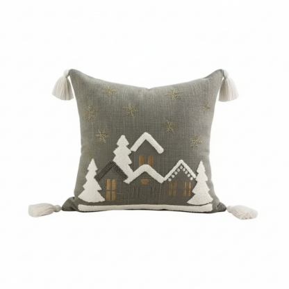 Embroidered Snowflake And Christmas House Cushion Cover
