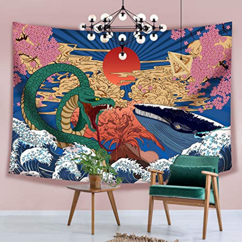 Aesthetic Japanese Tapestry Anime Tapestry Wall Hanging Trippy Whale Snake Wall Art Ukiyo-e Ocean Wave Sun Wall Tapestry for Bedroom Living Room Dorm Room Home Decor