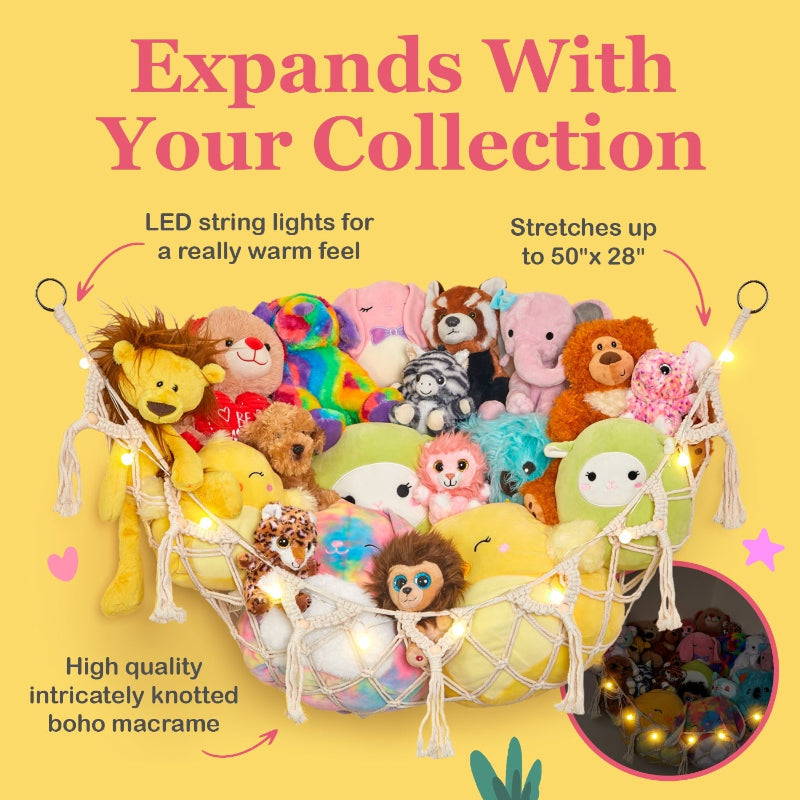 Macrame Stuffed Animal Hammock With LED String LightsMacrame Stuffed Animal Hammock With LED String Lights - Image 2