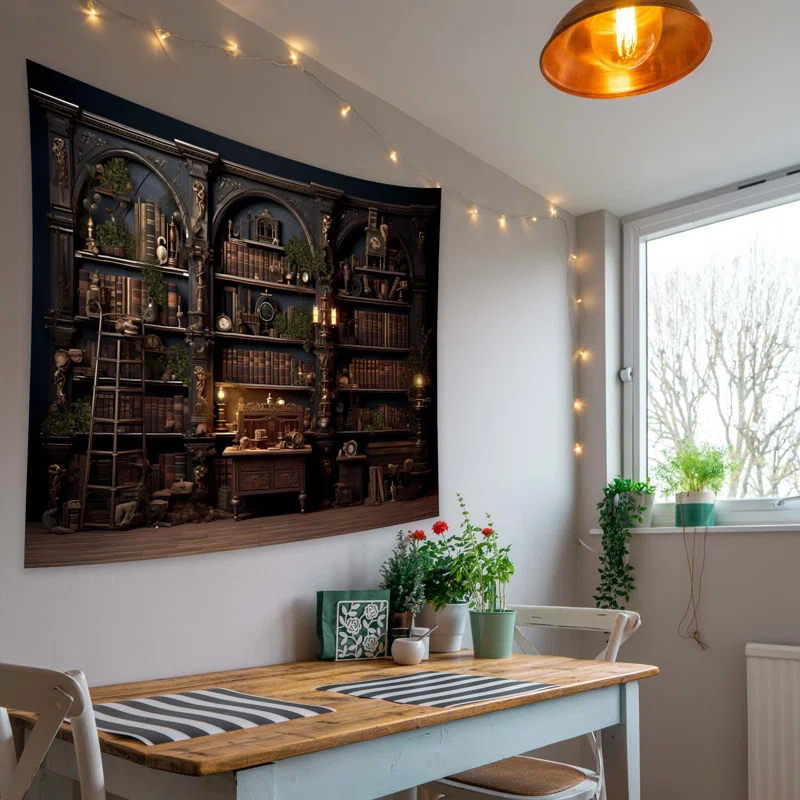 Medieval Bookshelf Design Wall Art Tapestry