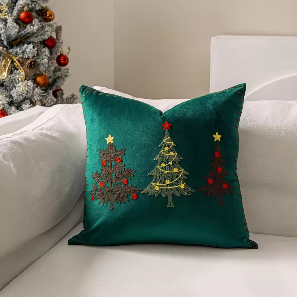 Embroidered Christmas Tree Velvet Cushion CoverChristmas Tree Embroidered Velvet Decorative Square Cushion Cover - Image 10