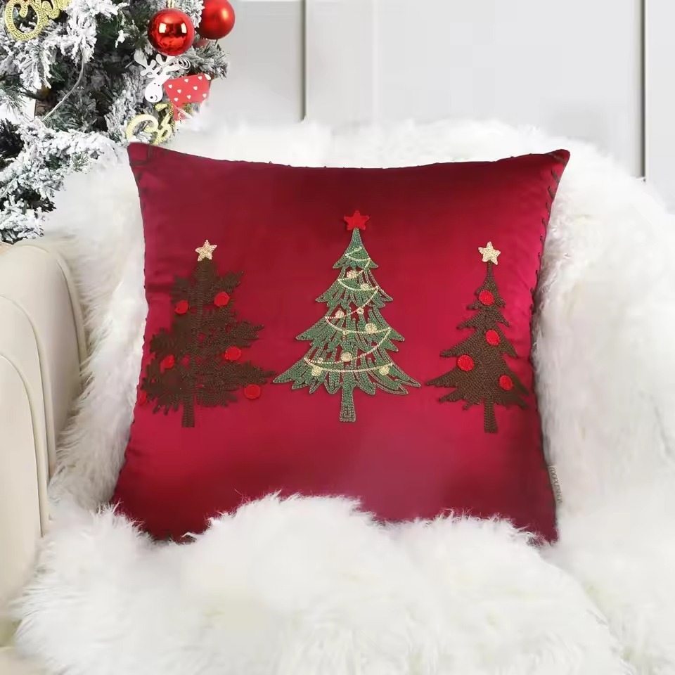 Embroidered Christmas Tree Velvet Cushion Cover