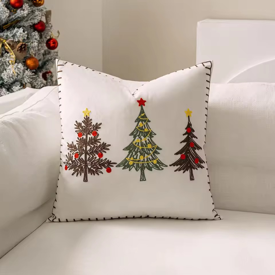 Embroidered Christmas Tree Velvet Cushion Cover