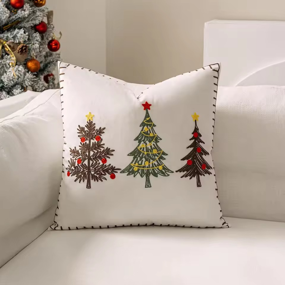Embroidered Christmas Tree Velvet Cushion Cover
