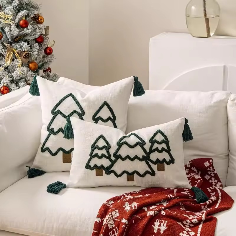 Christmas Tree Embroidered Tassel Cotton Canvas Cushion Cover