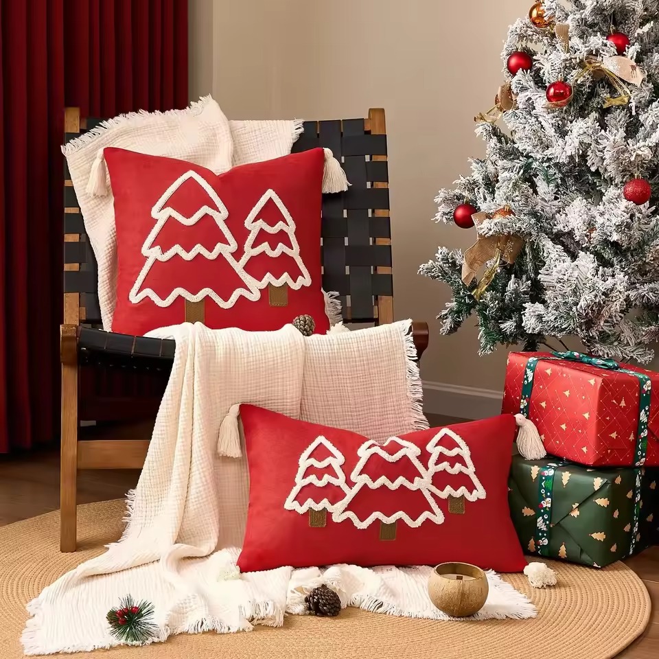 Christmas Tree Embroidered Tassel Canvas Cushion Cover