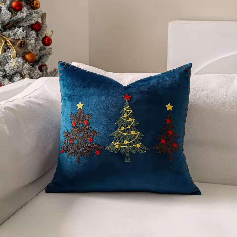 Embroidered Christmas Tree Velvet Cushion CoverChristmas Tree Embroidered Velvet Decorative Square Cushion Cover - Image 8