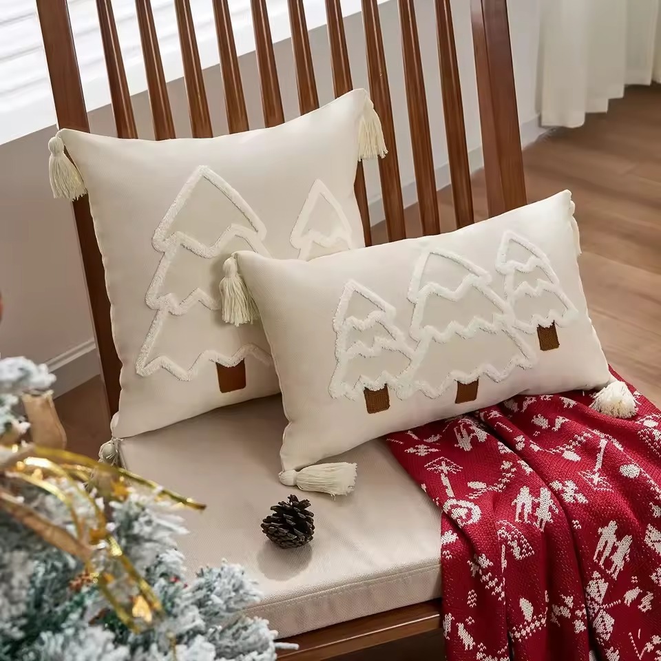Christmas Tree Embroidered Tassel Canvas Cushion Cover