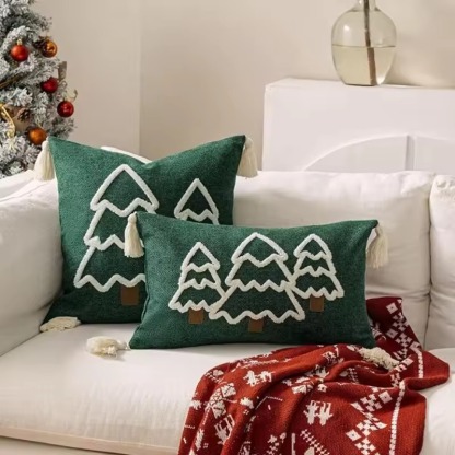 Christmas Tree Embroidered Tassel Cotton Canvas Cushion Cover