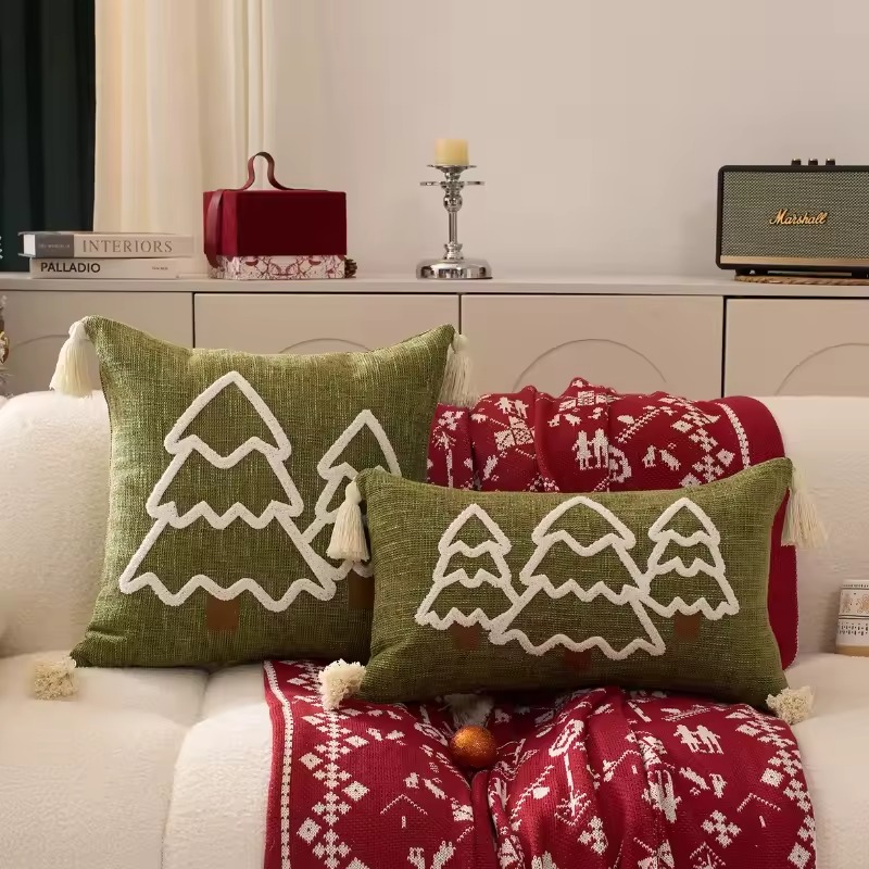 Christmas Tree Embroidered Tassel Cotton Canvas Cushion CoverChristmas Tree Embroidered Tassel Canvas Cushion Cover - Image 4